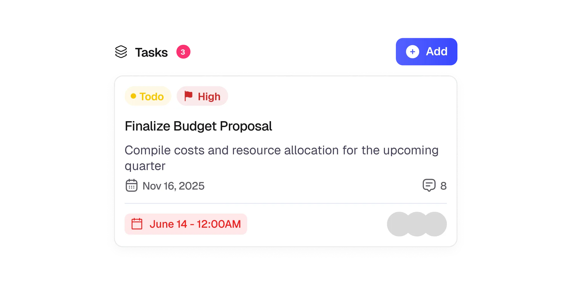 \Task card showing priority, due date, and status.
